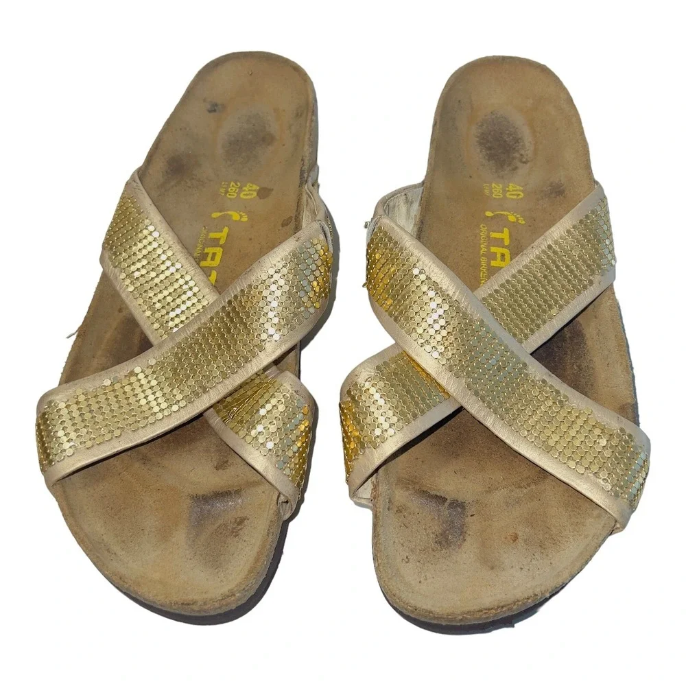 TATAMI Birkenstock Women's Gold Beaded Criss-Cross Strap Sandals Size 9 EU 40